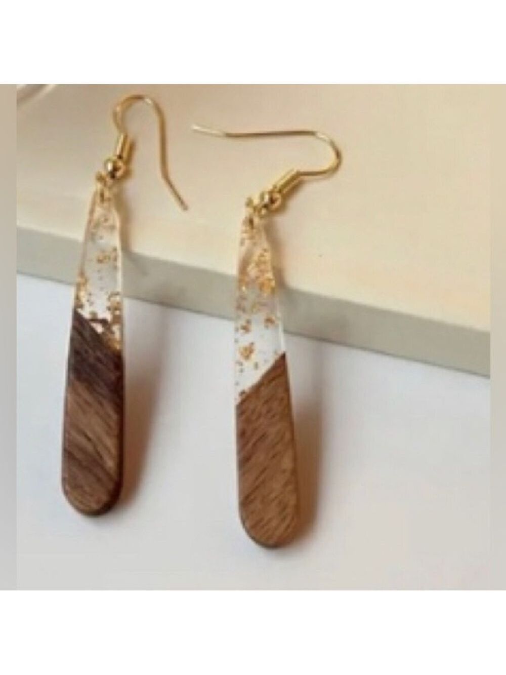 Wood Clear Gold Resin Two Tone Teardrop Dangle Earrings Boho - Picture 2 of 5